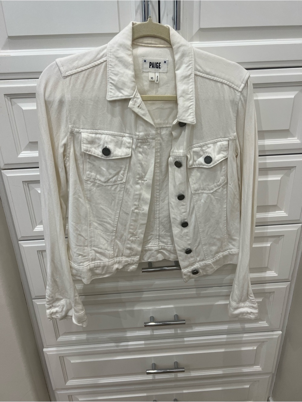 PAIGE Cream Cropped Denim Jacket with Black Buttons
